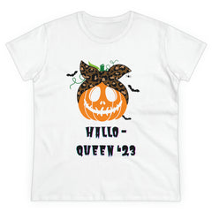 Women's Funny T-Shirt for Halloween in White - "Hallo-queen '23"