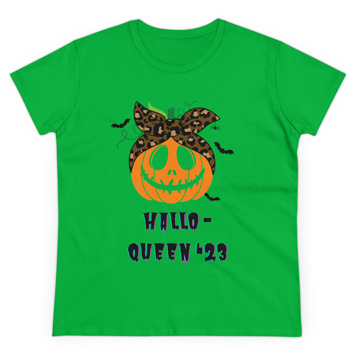 Women's Funny T-Shirt for Halloween in Green - "Hallo-queen '23"