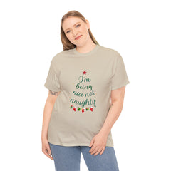I Am Being Nice Not Naughty Funny Holiday Christmas Tree & Santa Claus T-shirt for Men/Women