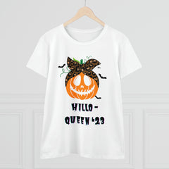 Women's Funny T-Shirt for Halloween in White - "Hallo-queen '23"