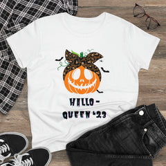 Women's Funny T-Shirt for Halloween in White - "Hallo-queen '23"